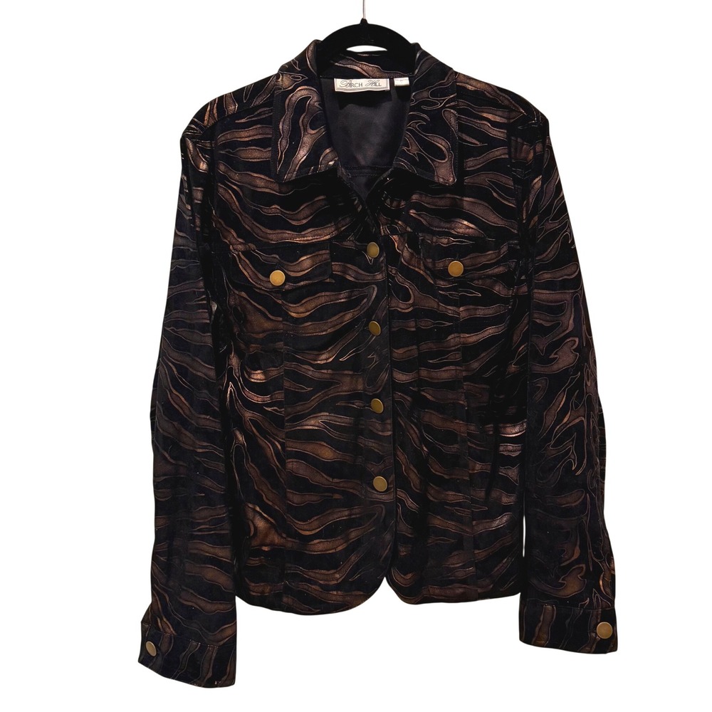 Birch Hill Womens Medium Black Bronze Metallic Tiger Stripe‎ Button Front Jacket